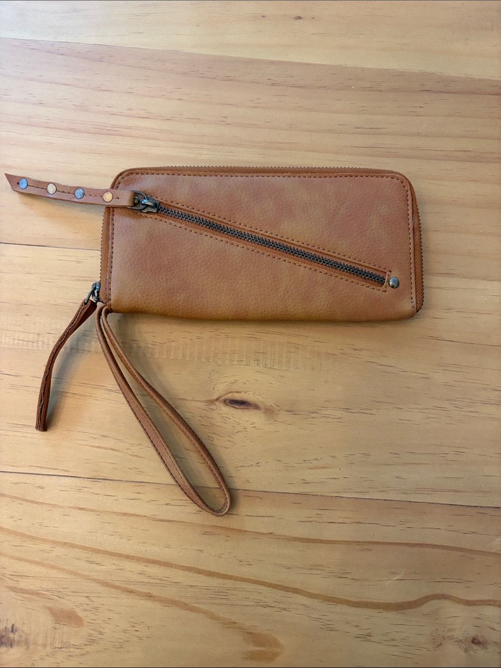 Free People Tan Zip-Around Leather Wristlet Clutch